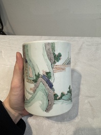 A Chinese famille verte brush pot with figural design, Kangxi