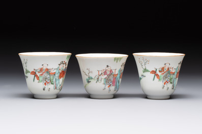 Six fine Chinese famille rose 'Xi Xiang Ji' cups and saucers, Xianfeng mark and of the period