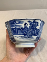 A Chinese blue and white square bowl with ladies in a garden, Kangxi mark and of the period