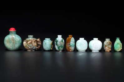 A large collection of 60 Chinese jadeite snuff bottles, 20th C.
