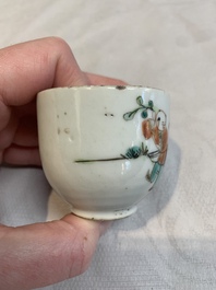 A Chinese famille rose seal paste box and a covered jarlet, a miniature wucai vase and a blue and white snuff bottle, Kangxi mark, 19/20th C.