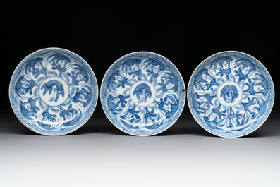 11 Japanese blue and white cups and 12 saucers with floral design, Chenghua mark, Meiji, 19th C.