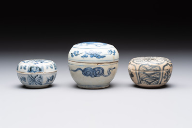 Five Chinese blue, white and monochrome jarlets and seven covered boxes, Yuan/Ming