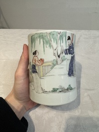 A Chinese famille verte brush pot with figural design, Kangxi
