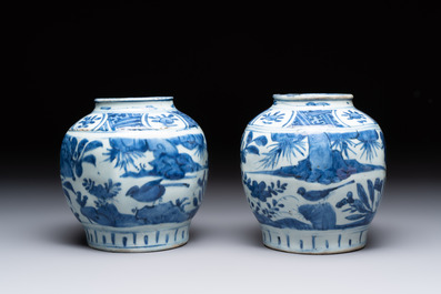 A pair of Chinese blue and white 'birds among blossoming branches' jars, Wanli