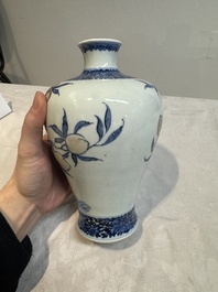 A Chinese blue, white and copper-red 'meiping' vase with 17 peaches, Yongzheng mark, 19/20th C.