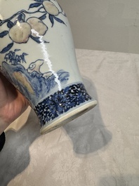 A Chinese blue, white and copper-red 'meiping' vase with 17 peaches, Yongzheng mark, 19/20th C.
