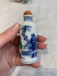 A Chinese famille rose seal paste box and a covered jarlet, a miniature wucai vase and a blue and white snuff bottle, Kangxi mark, 19/20th C.