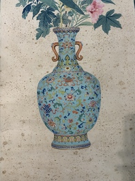 Follower of Guangxu 光緒 (1871-1908): 'Vases and flowers', Cixi seal mark, ink and colour on paper
