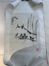 Chinese school: 'Calligraphy' and 'Sparrow', ink and colour on paper, 20th C.