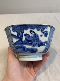 A Chinese blue and white square bowl with ladies in a garden, Kangxi mark and of the period