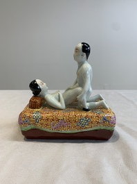 A Chinese famille rose 'erotic' group, You Lin Ji Zao 游林記造 mark, 20th C.
