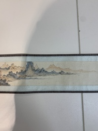 In the manner of Pu Xinyu 溥心畬 (1896-1963): 'Temple in the mountains', ink and colour on paper, with a hongmu wooden box