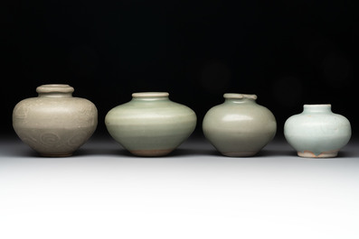 Eight Chinese Longquan celadon jarlets with floral design, Song/Yuan