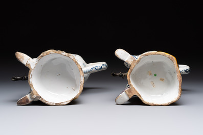 A pair of polychrome Brussels faience table fountains, 18th C.