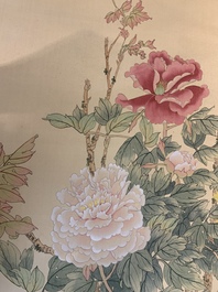 Yi Ting 彝庭, Gong Yin 宮音 and Zhang Mingxuan 張明軒 : 'Mountainous landscape', 'Peonies' and 'Grapes', ink and colour on paper and silk, 20th C.