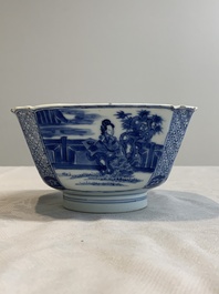 A Chinese blue and white square bowl with ladies in a garden, Kangxi mark and of the period