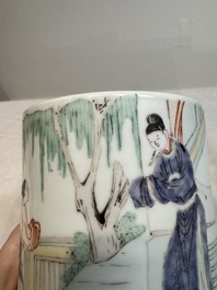 A Chinese famille verte brush pot with figural design, Kangxi