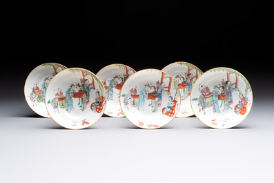 Six fine Chinese famille rose 'Xi Xiang Ji' cups and saucers, Xianfeng mark and of the period