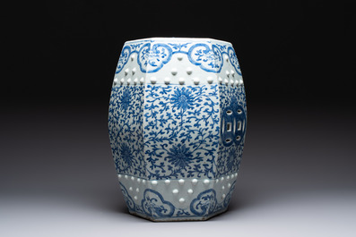 A Chinese blue and white hexagonal 'lotus scroll' garden seat, Qianlong/Jiaqing