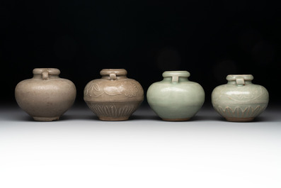 Eight Chinese Longquan celadon jarlets with floral design, Song/Yuan