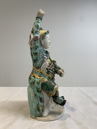 A fine Chinese verte biscuit sculpture of a warrior, 19th C.
