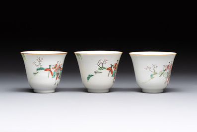Six fine Chinese famille rose 'Xi Xiang Ji' cups and saucers, Xianfeng mark and of the period