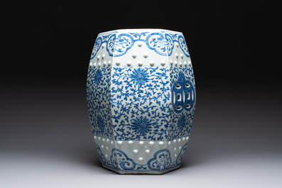 A Chinese blue and white hexagonal 'lotus scroll' garden seat, Qianlong/Jiaqing