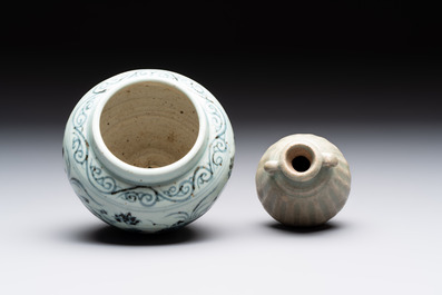 Five Chinese blue, white and monochrome jarlets and seven covered boxes, Yuan/Ming