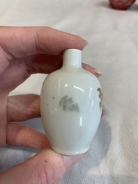 Three Chinese porcelain snuff bottles and a red Peking glass snuff bottle, Daoguang and Tongzhi mark, 19th C.