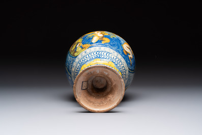 A rare polychrome Nevers earthenware baluster vase with tritons and satyrs, 2nd half 17th C.