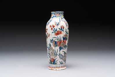 A fine polychrome Dutch Delft cashmere palette ribbed vase with birds among flowering branches, early 18th C.