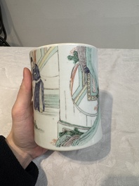 A Chinese famille verte brush pot with figural design, Kangxi