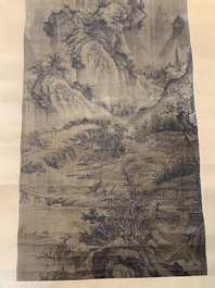 Chinese school: 'Mountainous landscape', ink and colour on silk, Qing or later