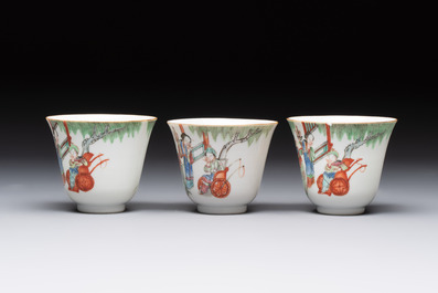 Six fine Chinese famille rose 'Xi Xiang Ji' cups and saucers, Xianfeng mark and of the period