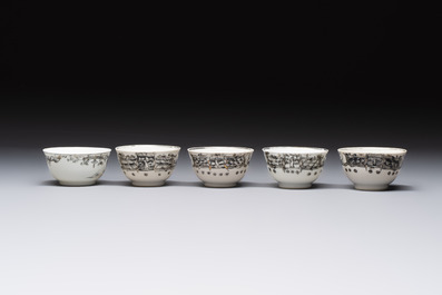 Four Chinese gilt-decorated grisaille 'crowned Juno and peacock' cups and saucers and a 'European subject' cup and saucer, Qianlong