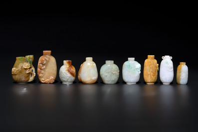 A large collection of 60 Chinese jadeite snuff bottles, 20th C.