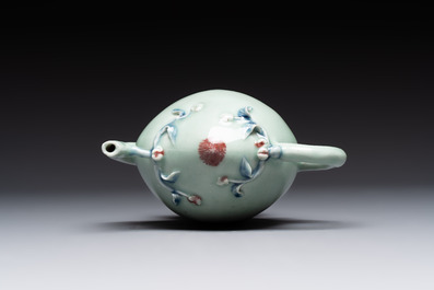 A Chinese copper-red and blue celadon-ground peach-shaped 'cadogan' ewer, Qianlong/Jiaqing