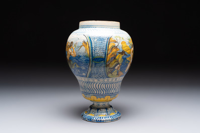 A rare polychrome Nevers earthenware baluster vase with tritons and satyrs, 2nd half 17th C.