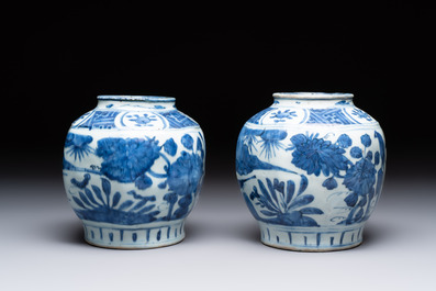 A pair of Chinese blue and white 'birds among blossoming branches' jars, Wanli
