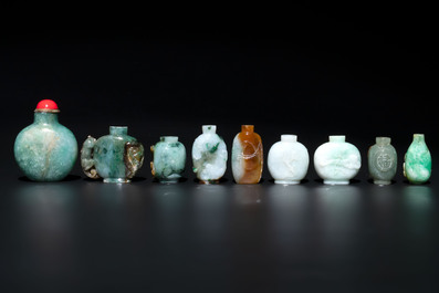 A large collection of 60 Chinese jadeite snuff bottles, 20th C.