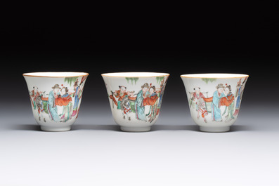 Six fine Chinese famille rose 'Xi Xiang Ji' cups and saucers, Xianfeng mark and of the period