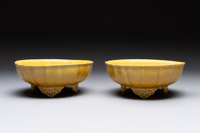 A pair of Chinese yellow-glazed jardini&egrave;res, Yongzheng mark, 20th C.