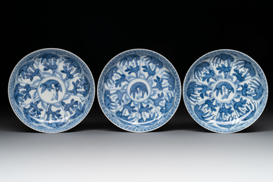 11 Japanese blue and white cups and 12 saucers with floral design, Chenghua mark, Meiji, 19th C.