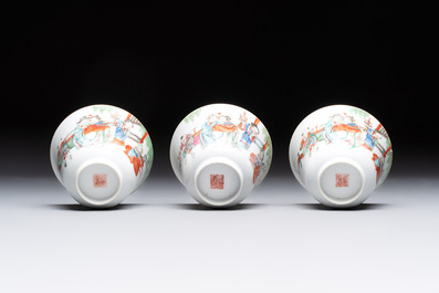Six fine Chinese famille rose 'Xi Xiang Ji' cups and saucers, Xianfeng mark and of the period