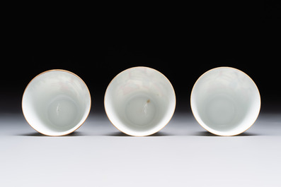 Six fine Chinese famille rose 'Xi Xiang Ji' cups and saucers, Xianfeng mark and of the period