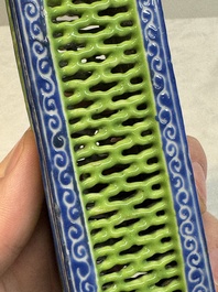 A Chinese blue- and green-enamelled reticulated incense stick holder, 19th C.