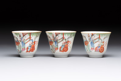 Six fine Chinese famille rose 'Xi Xiang Ji' cups and saucers, Xianfeng mark and of the period
