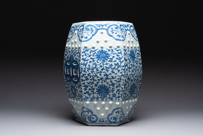 A Chinese blue and white hexagonal 'lotus scroll' garden seat, Qianlong/Jiaqing