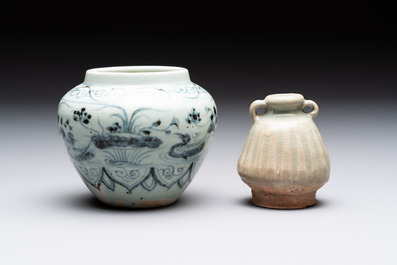Five Chinese blue, white and monochrome jarlets and seven covered boxes, Yuan/Ming